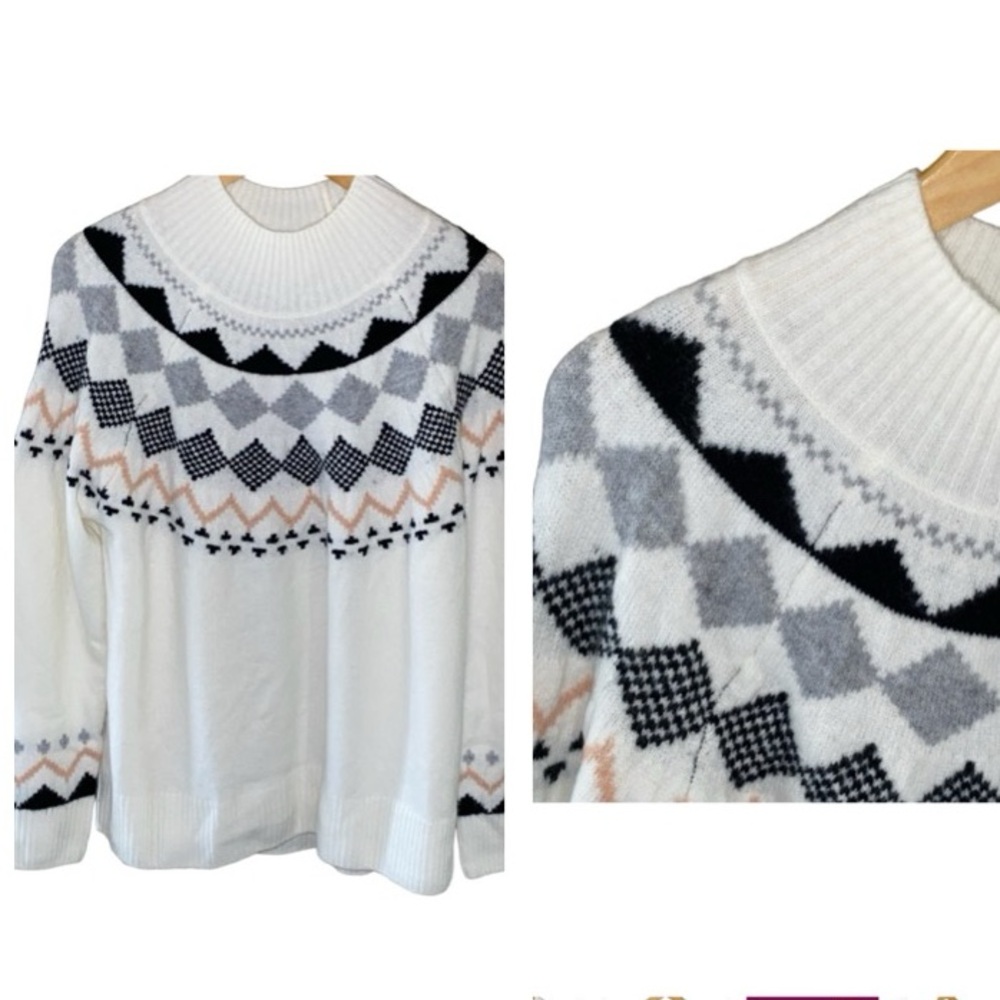 NWT Vince Camuto Ivory Gray Fair Isle Nordic Long Sleeve Sweater Size Large
